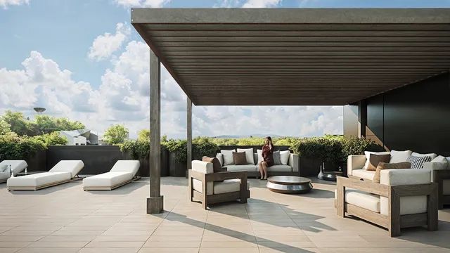 a outdoor living space with furniture and garden view