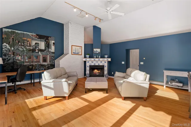 a living room with furniture a fireplace and a flat screen tv
