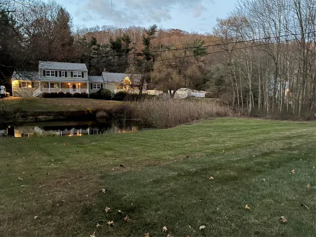 a view of a park with large trees