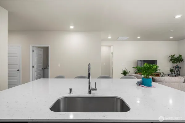 a close view of a sink and a potted plant in a bathroom