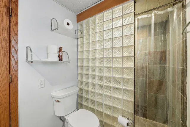 a bathroom with a toilet and a shower curtain