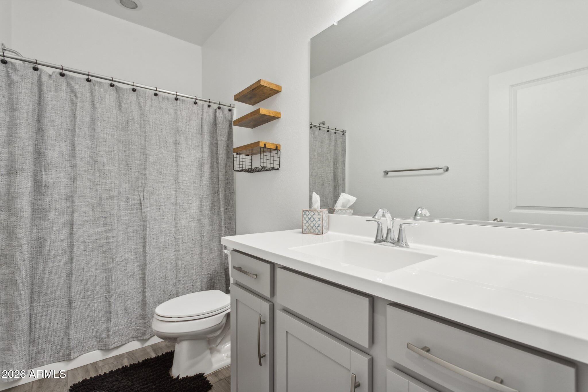 17334 West Wandering Creek Road Goodyear, AZ 85338 - Photo 24 of 67 a bathroom with a sink a toilet and shower curtain