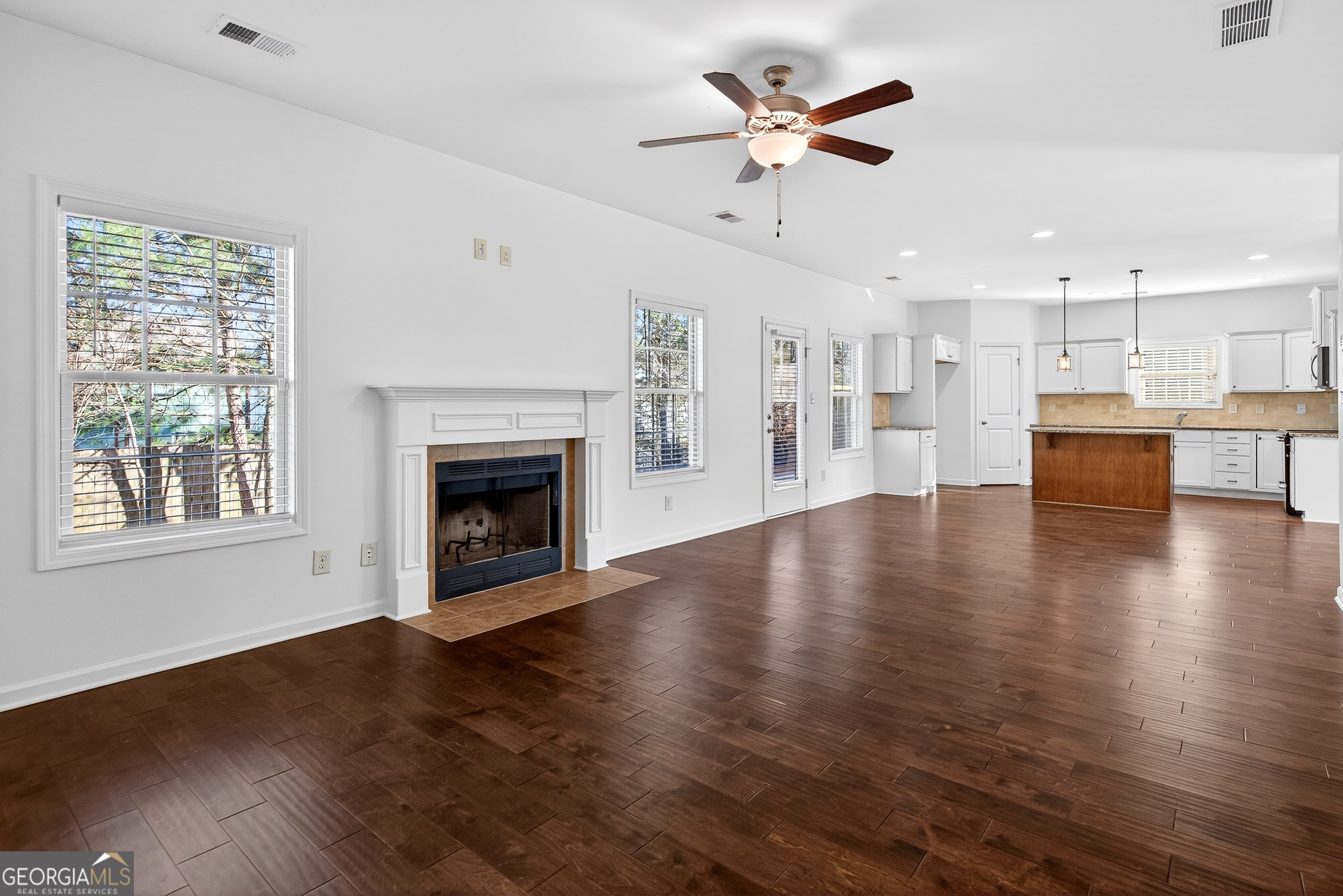 167 Cliffhaven Circle Newnan, GA 30263 - Photo 3 of 47 a view of a livingroom with a fireplace a ceiling fan and windows