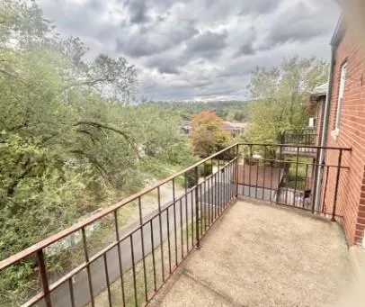 a view of a balcony with wooden floor and fence