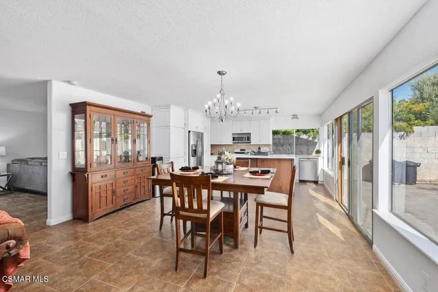 a view of a dining room with furniture window and outside view