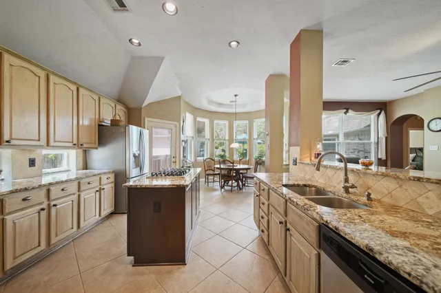 a kitchen with lots of counter top space