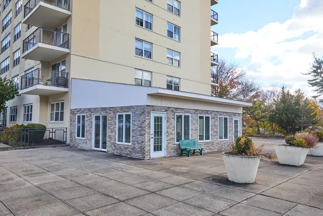 a view of a patio with couches and potted plants