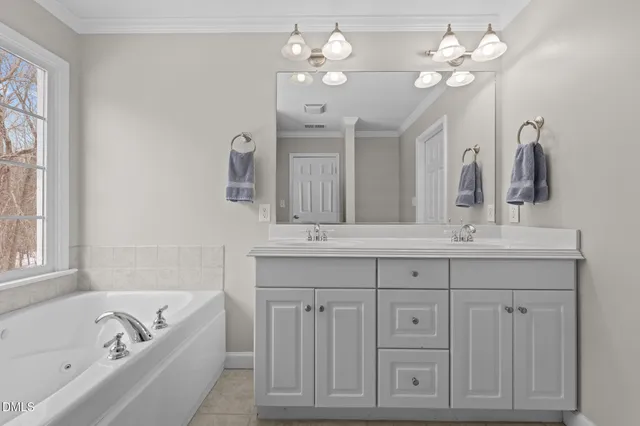 a bathroom with a sink vanity and a bathtub