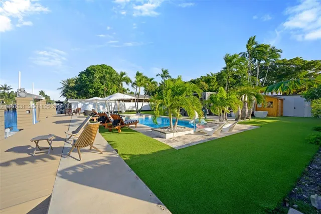a view of a backyard with swimming pool