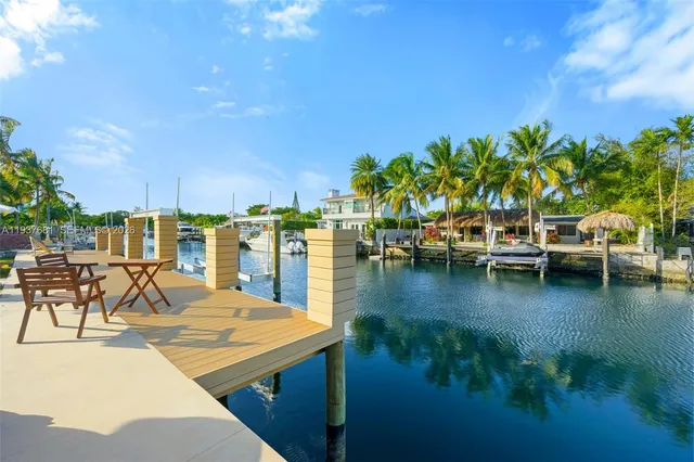 a view of a lake with a table and chairs