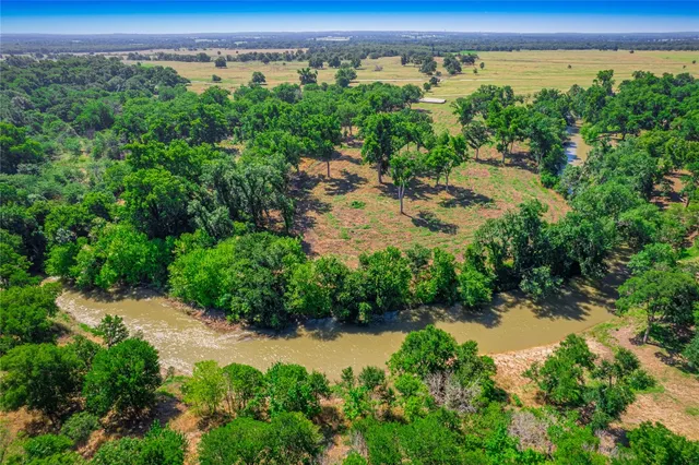an aerial view of a yard with plants and lake view