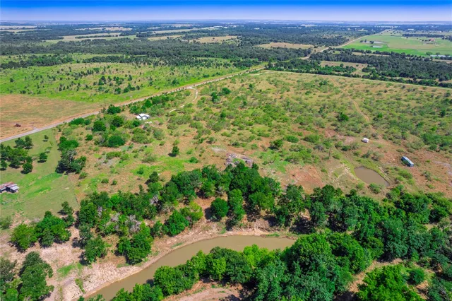 an aerial view of residential houses with outdoor space and trees