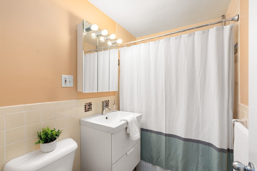 32 Whites Avenue, Unit E441 Watertown, MA 02472 - Photo 20 of 34 a bathroom with a sink a mirror and a shower curtain