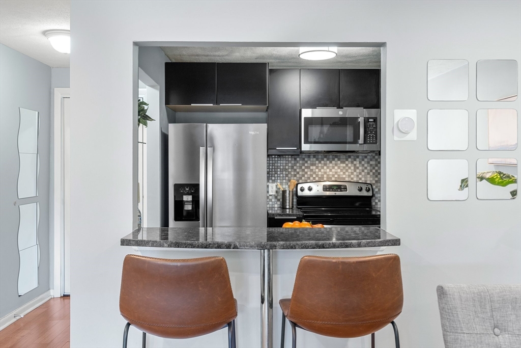 32 Whites Avenue, Unit E441 Watertown, MA 02472 - Photo 9 of 34 a kitchen with stainless steel appliances granite countertop a stove a sink and a refrigerator