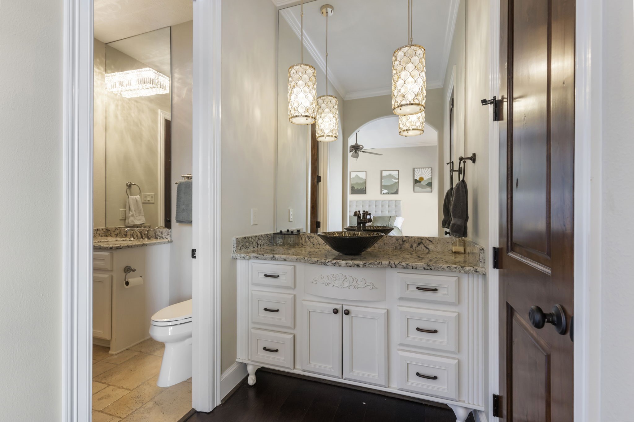 13 Pleasant Shadows Drive Spring, TX 77389 - Photo 22 of 50 a bathroom with a granite countertop sink a toilet and a mirror