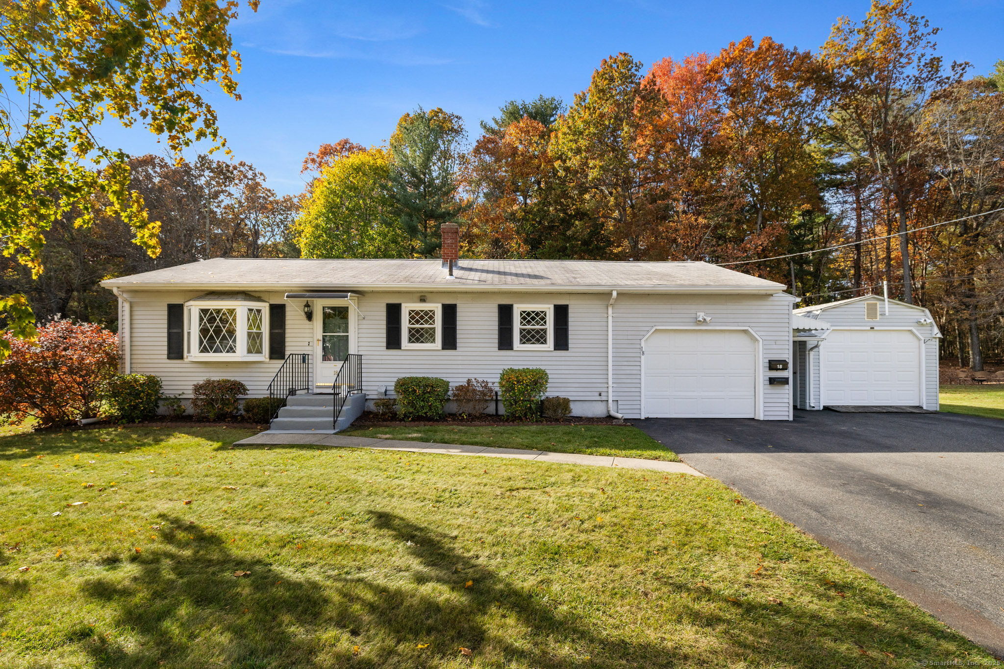front view of a house with a patio