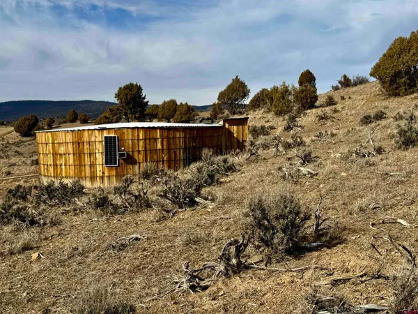 a view of a large yard with a building in the background