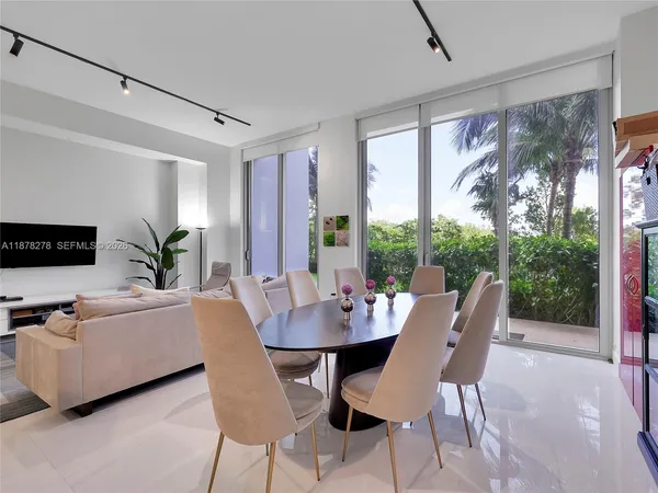 a view of a dining room with furniture window and outside view