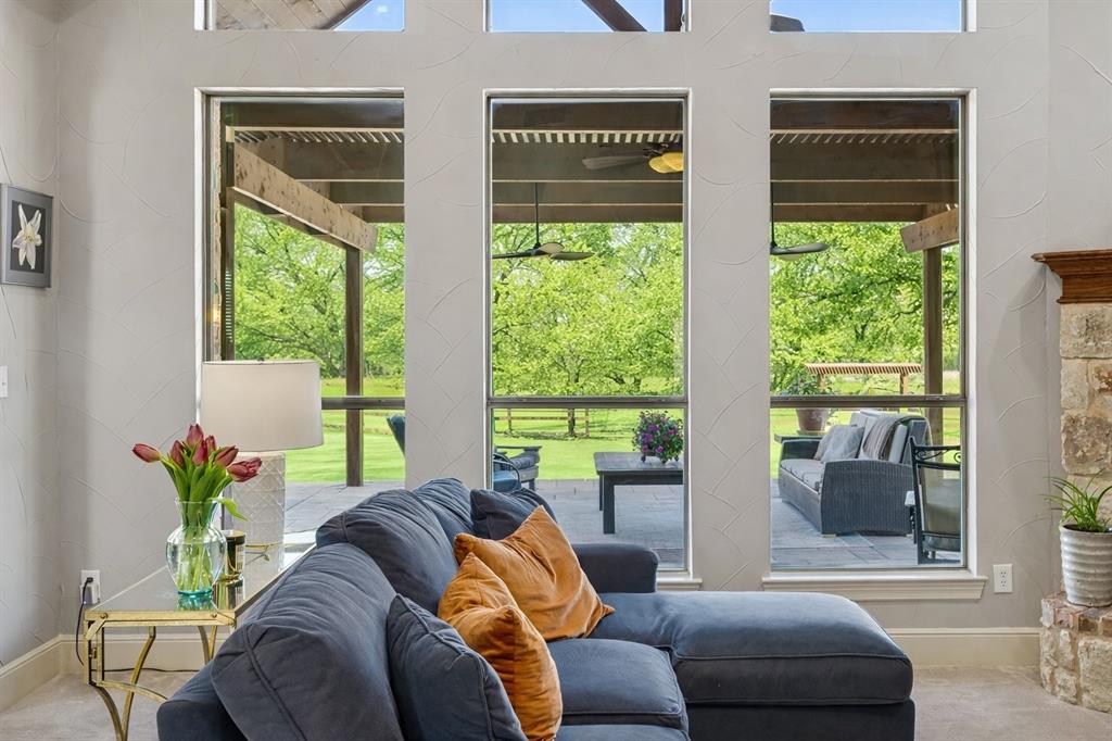 1520 Snider Court Lucas, TX 75002 - Photo 5 of 40 View of the amazing backyard through the tall living room windows. Imagine enjoying this view overlooking your outdoor patio and verdant landscape every day! This warm and welcoming living area is centered around the expansive outdoor views and the beautiful stone fireplace complemented by custom built-ins.