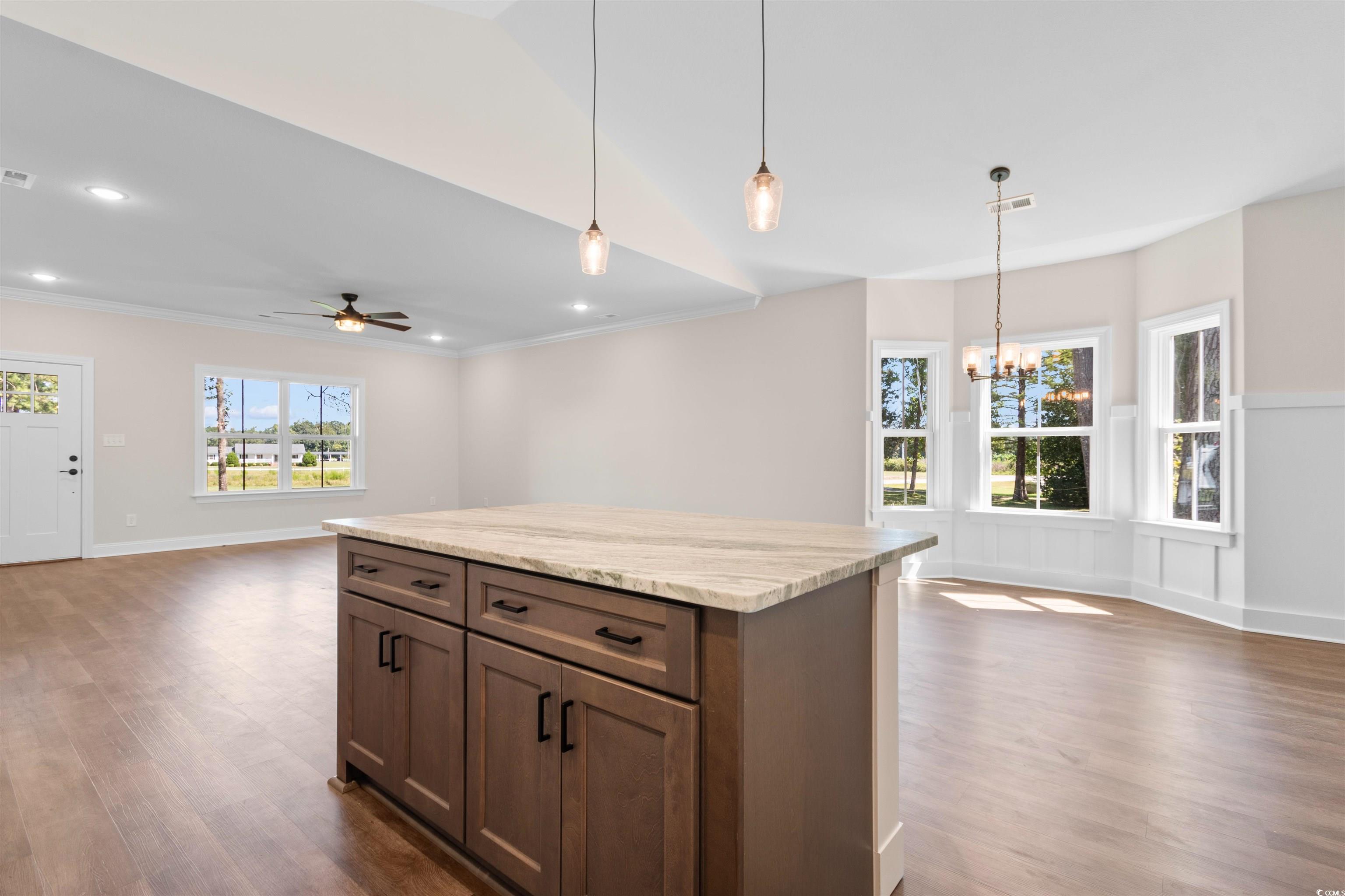 146 Temple Drive Aynor, SC 29511 - Photo 40 of 40 Kitchen with open floor plan, hanging light fixtures, dark wood-style floors, a kitchen island, and light stone countertops