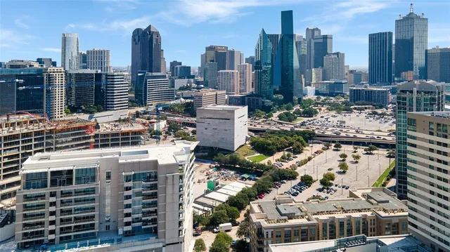 a city view with tall buildings