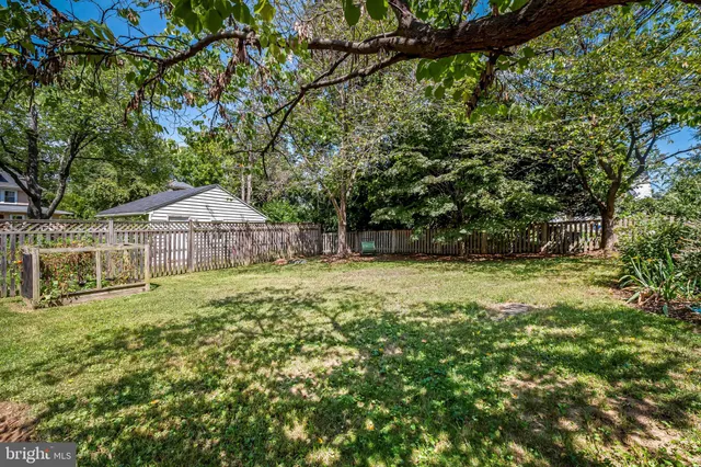 a view of a yard with wooden fence