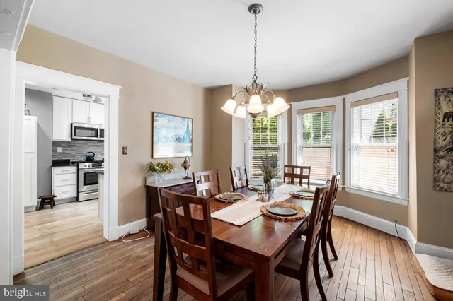 a view of a dining room with furniture wooden floor and chandelier