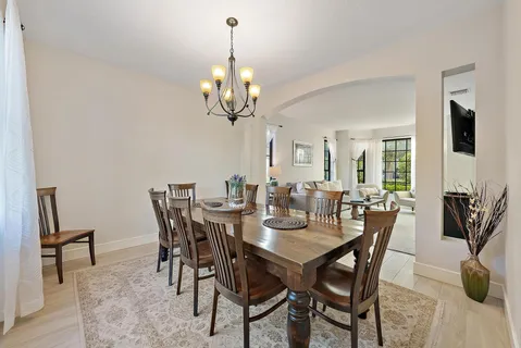 a view of a dining room with furniture window and outside view