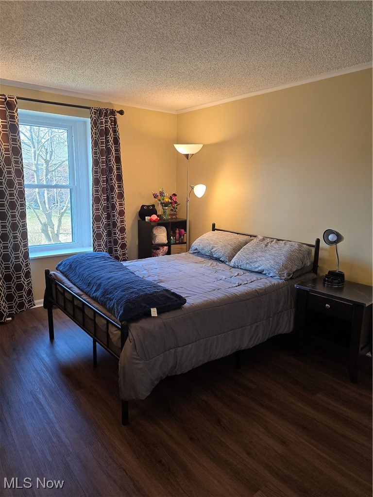 994 Som Center Road, Unit D2 Cleveland, OH 44143 - Photo 13 of 20 Bedroom with crown molding, dark hardwood / wood-style floors, and a textured ceiling