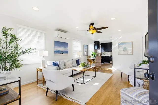a living room with furniture and a potted plant