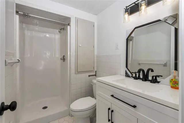 a bathroom with a sink a mirror a toilet and shower