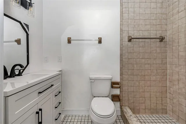 a bathroom with a sink a toilet and a mirror