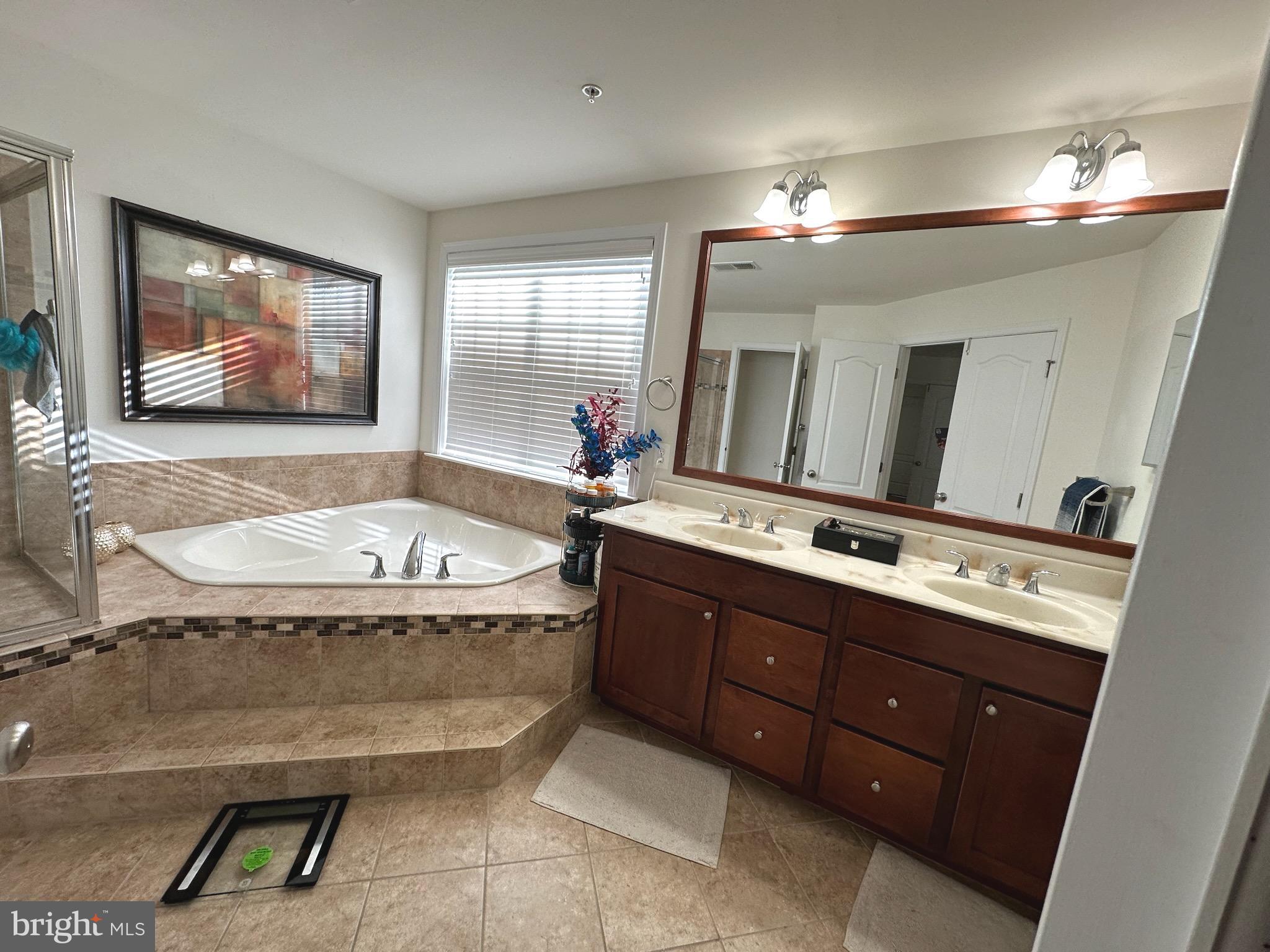11011 Buggy Path Upper Marlboro, MD 20772 - Photo 31 of 82 a bathroom with a tub a double vanity sink and a large mirror