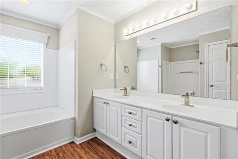 a bath room with a sink a mirror and a bathtub