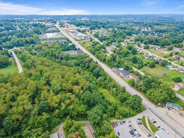 a view of a city with lush green forest