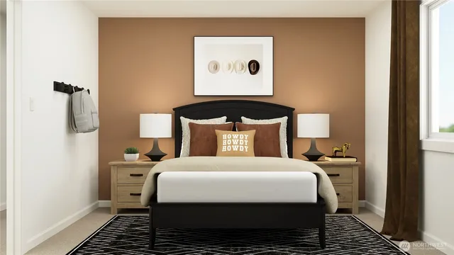 a bedroom with a bed and a mirror