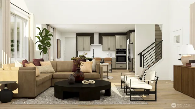 a living room with furniture and a potted plant