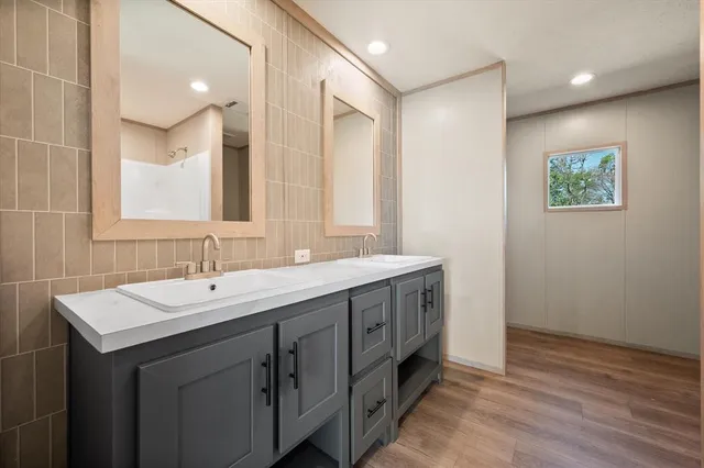a bathroom with a sink and a mirror