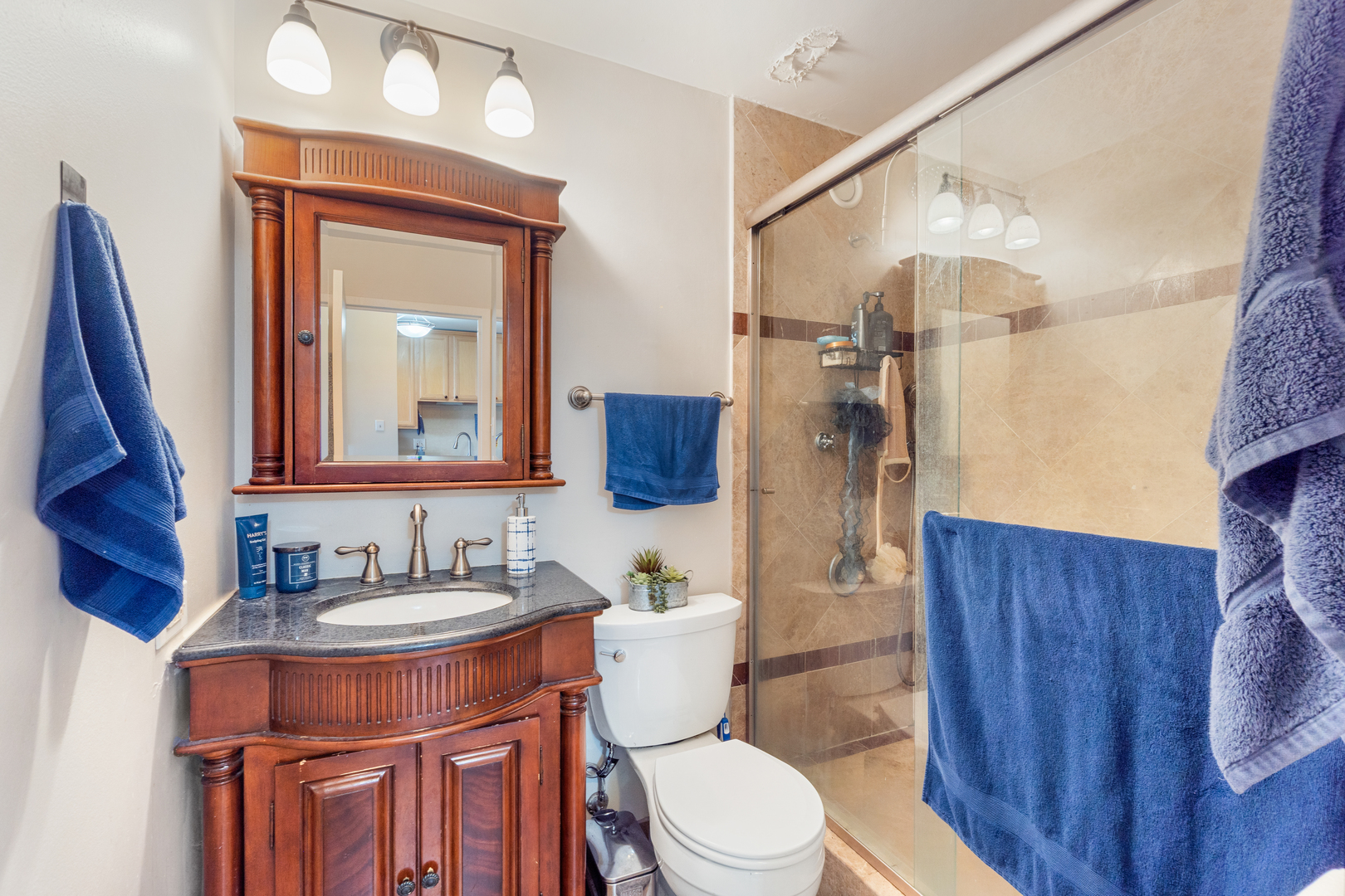 211 East Ohio Street, Unit 2806 Chicago, IL 60611 - Photo 9 of 16 a bathroom with a granite countertop toilet sink and mirror