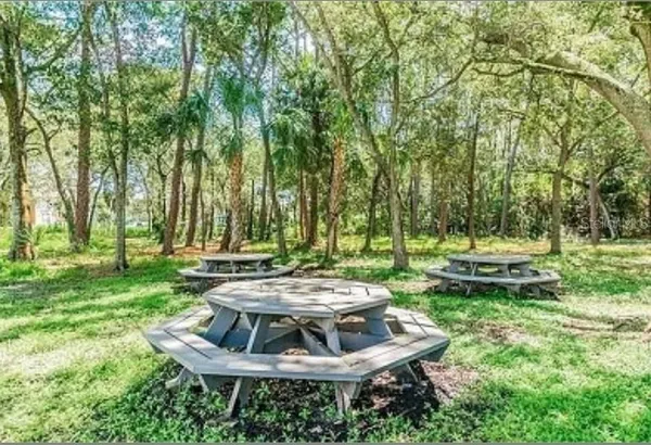 a view of a chair and table in backyard of the house