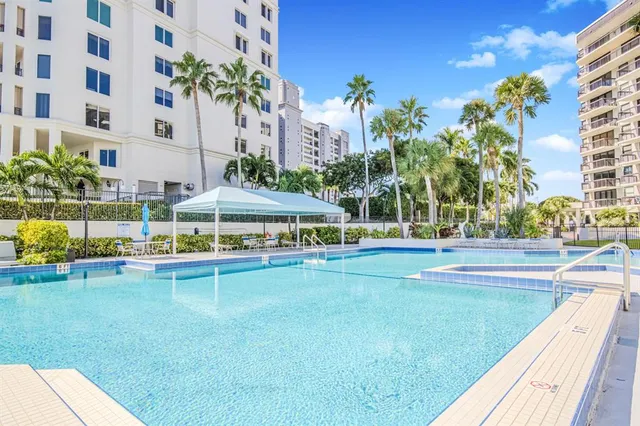 a view of a swimming pool with a garden and plants