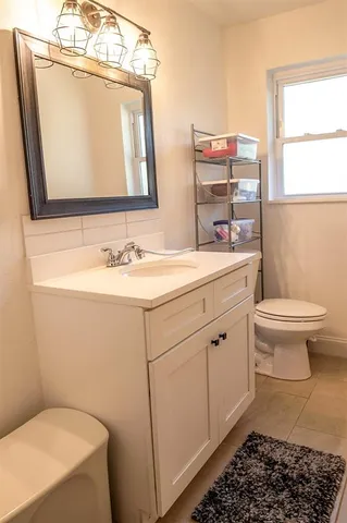 a bathroom with a sink a toilet and mirror