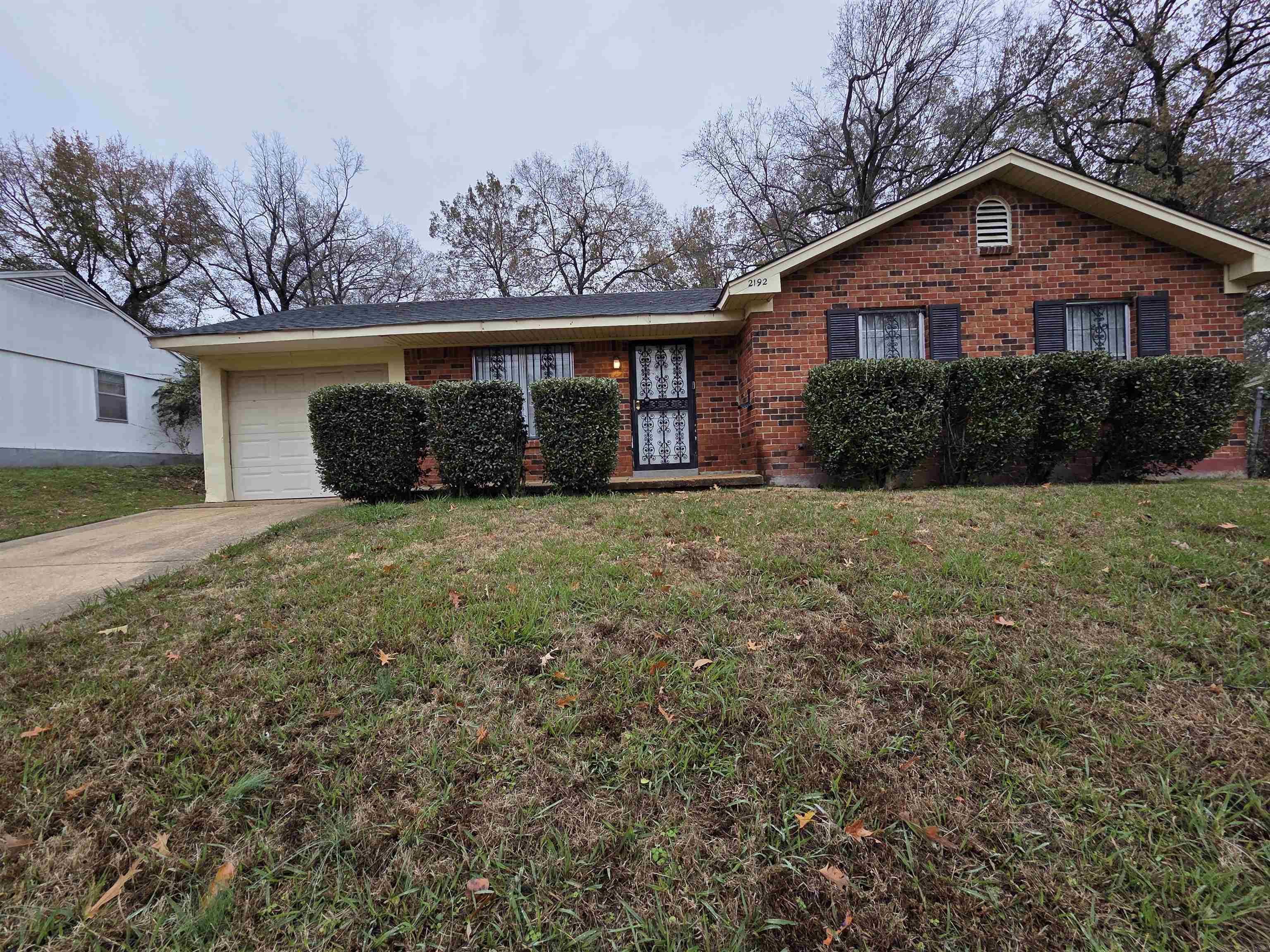 a view of a yard in front of a house with large trees