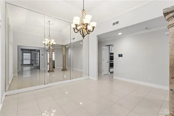 a view of a chandelier in a room
