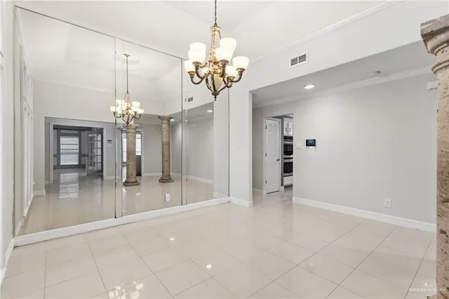 a view of a chandelier in a room