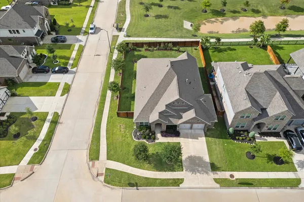 an aerial view of a swimming pool