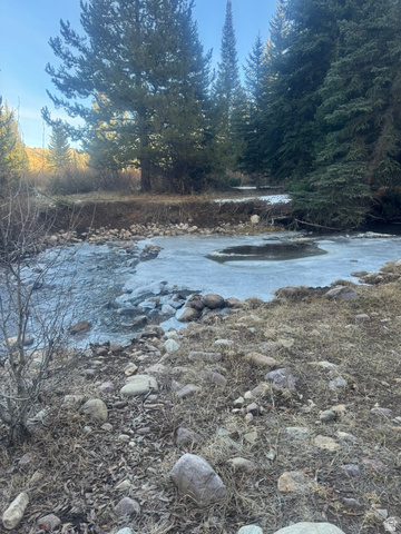 1663 Lancer Lane Evanston, UT 82930 - Photo 55 of 101 Waterfront property featuring a stream with partial ice cover, a rocky bank, and mature evergreen trees