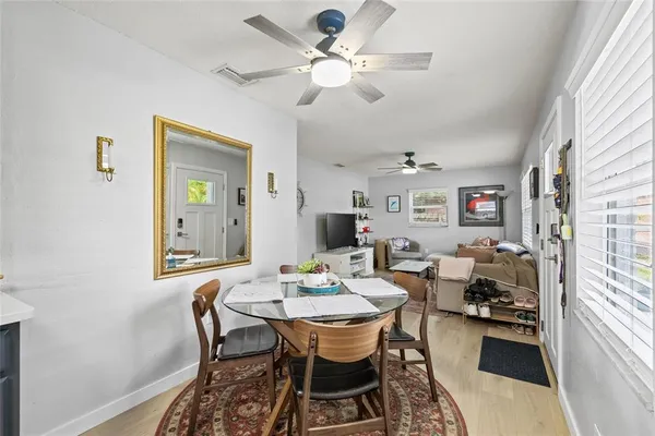 a view of a dining room with furniture