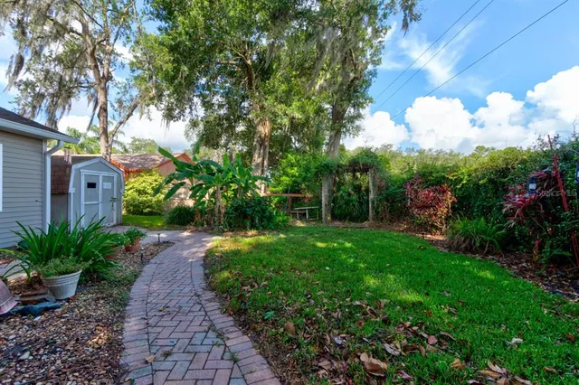 a view of a garden with large trees