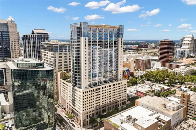 a city view with tall buildings
